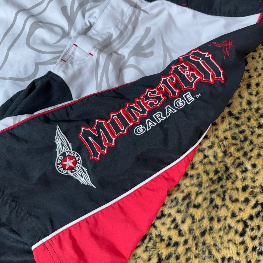 Monster Garage Board Shorts Mens 38 Black Red White Y2K Tribal Swim Trunks 2000s